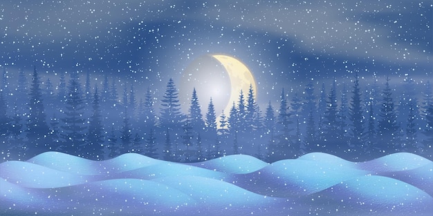 New Year's night view, drifts and the moon setting behind the forest