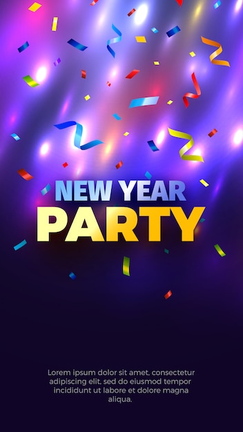 New year's party poster with confetti and colorful lights.  illustration.