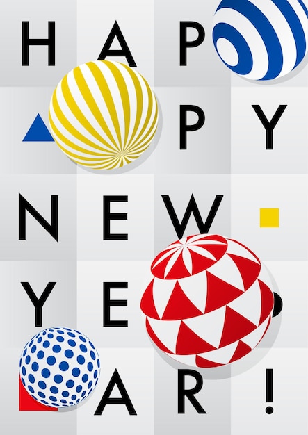 Новогодний постер Объемные 3D елочные шары поверх текста