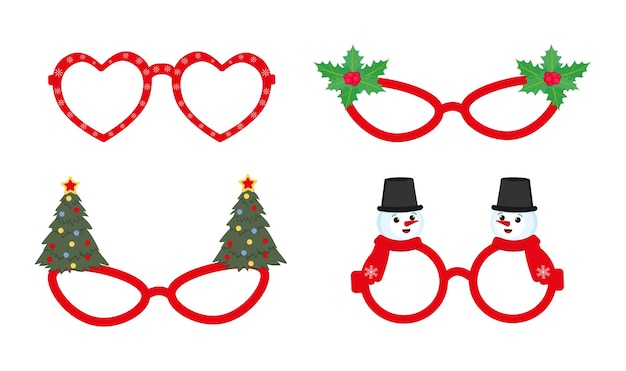 Vector new year's set glasses with christmas treesnowman carnival sunglasses vector illustration