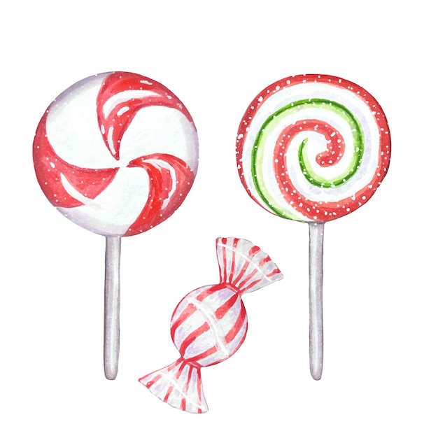 New Year's watercolor set with sweets Caramel on a stick Christmas sweets