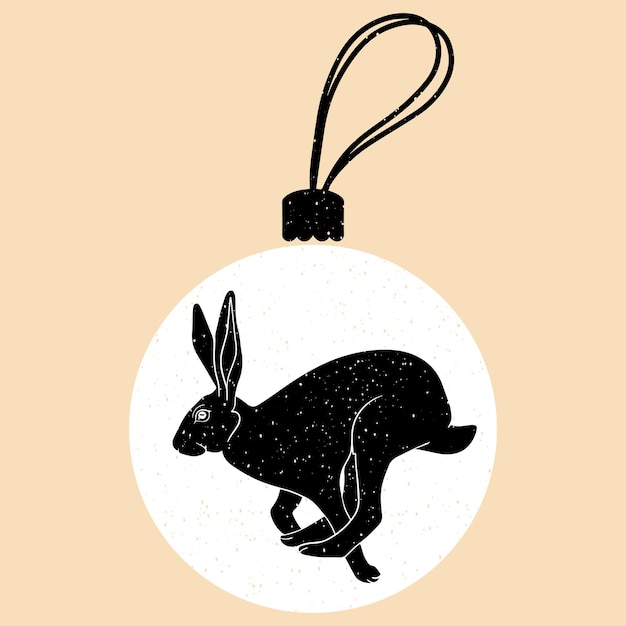 New Year's white ball with a black water rabbit. Symbol of the new year. Christmas tree decoration.