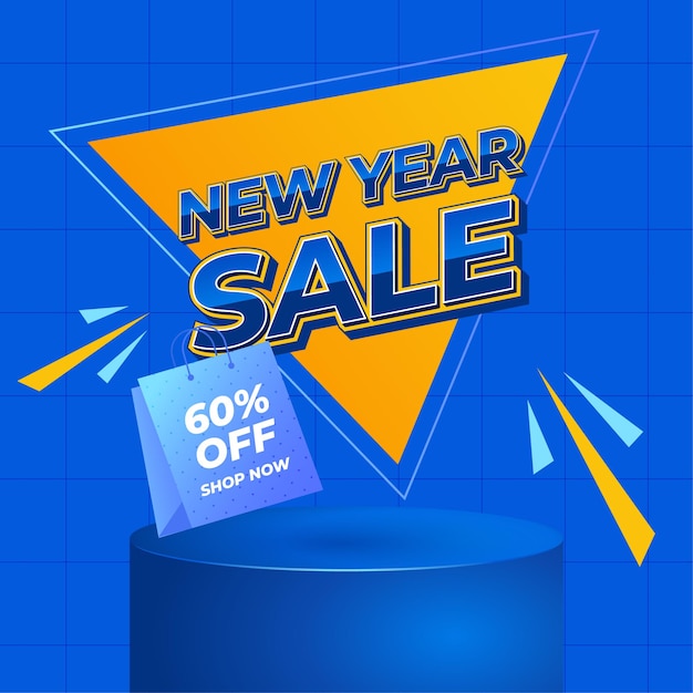 Vector new year sale banner flyer template square blue yellow color modern style