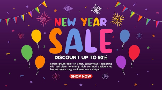 New year sale banner with confetti balloon and flag decoration