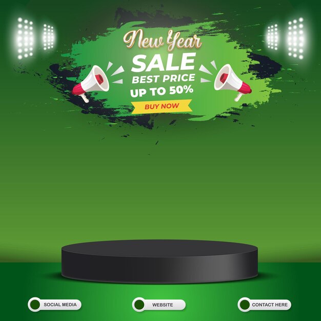 New year sale best price discount social media template banner post with blank space 3d podium for product sale with abstract gradient green background design