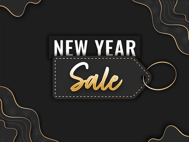 New year sale poster design with tag paper cut waves on black background