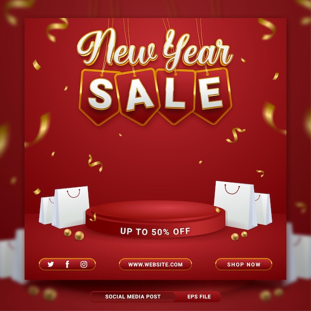 Vector new year sale promo social media banner template with shopping bag on red background