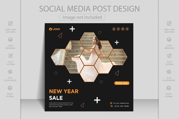 New year sale social media post template. Social media Instagram holiday deals for supermarkets.