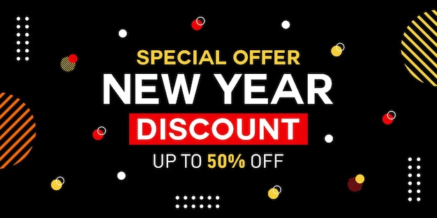 New Year Sale special offer banner with hand lettering for commerce, business, promotion and advertising. Discount up to 50% off. Shop now. Vector illustration.