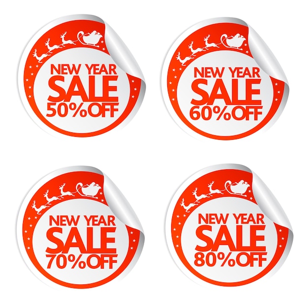 New year sale stickers 50607080 with santa deer and sleigh