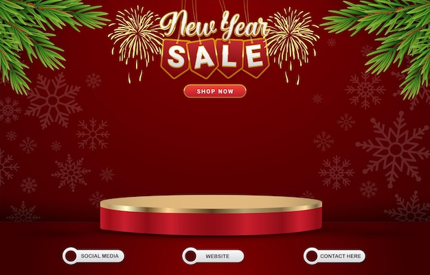 New year sale template banner with blank space podium for product with abstract red gradient background