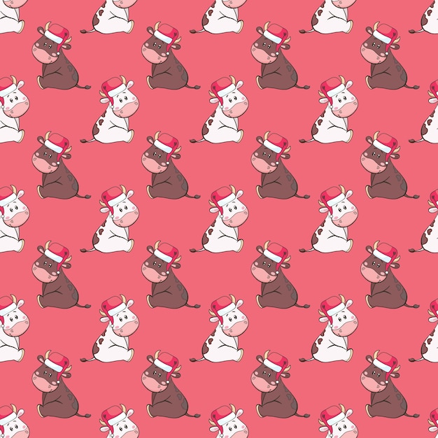 new year seamless pattern with cute cartoon bull, cow wearing Santa hat