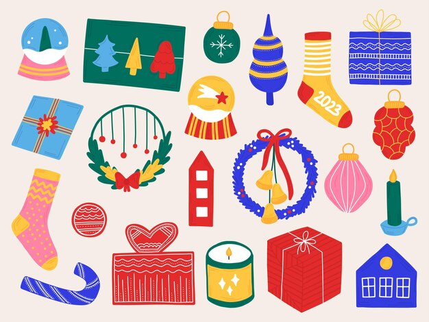 New Year set Christmas elements in hand drawn style Isolated icons stickers for the design