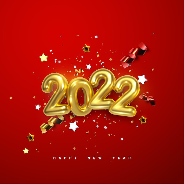 New year sign of2022 golden number and festive confetti stars and spiral ribbons on red background