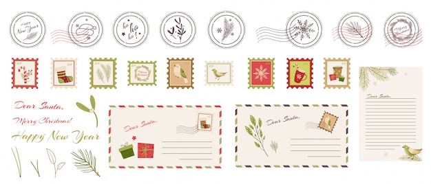 New year stamp, envelope, letter to santa