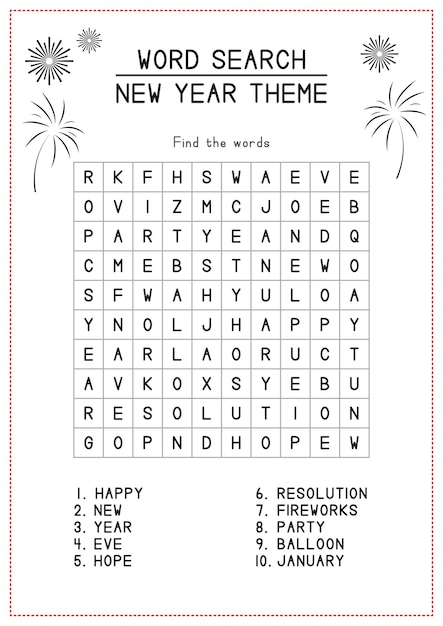 New year theme word search