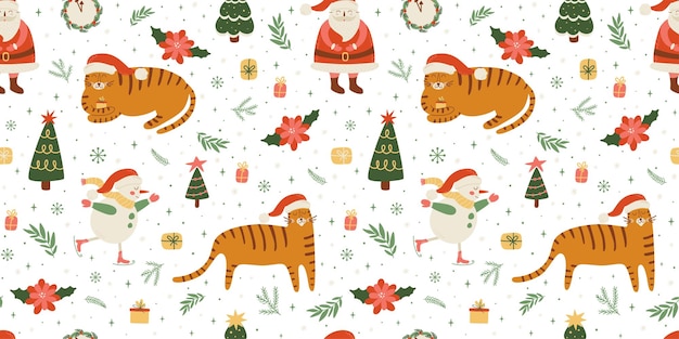 New year tiger 2022 pattern happy chinese new year tiger seamless background with santa christmas tree clock cute santa tiger in hat vector illustration merry christmas wallpaper winter holiday