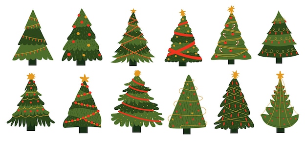 Albero di capodanno doodle elementi decorativi per la celebrazione di natale collezione di schizzi a matita di abete di natale modelli colorati per biglietti di auguri di buone feste abeti verdi vettoriali con ghirlande