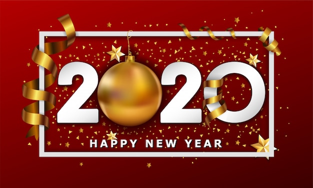 New Year Typographical Cretaive Background 2020 With Christmas golden ball bauble and stripes elements