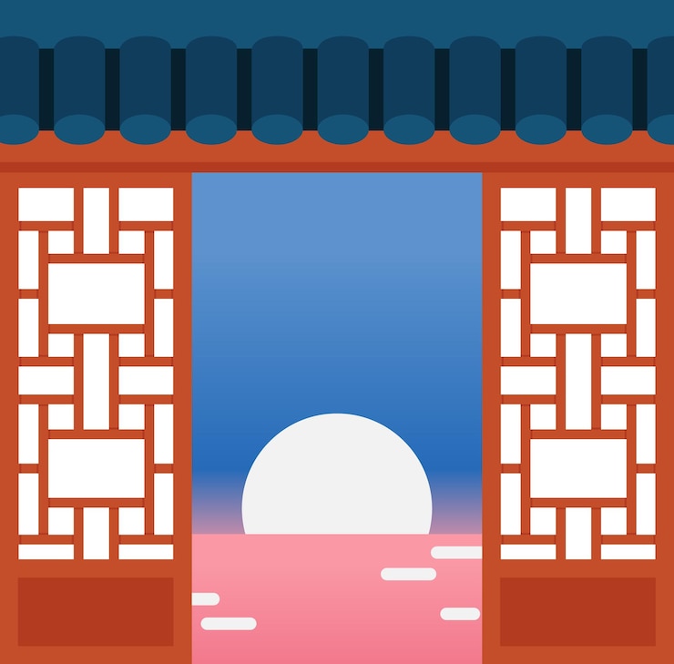 Vector new year vector artwork sunrise view through open hanok window