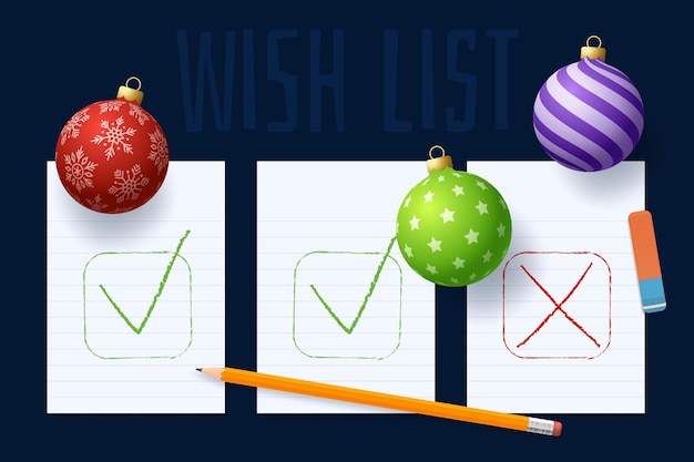 New year wish plan list. New year goals list. 2022 resolutions text on notepad. Action plan. Pencils and realistic tree ball bauble colorful