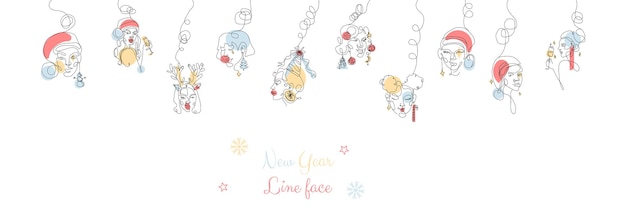 New year women line faces with different christmas toys modern abstract line minimalistic women faces arts postcard or brochure cover design different woman faces vector illustrations design