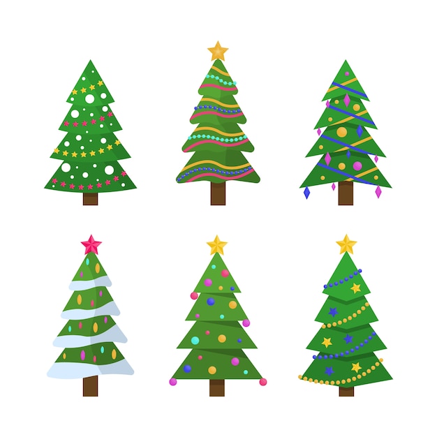 Новый год и xmas традиционный символ дерево с гирляндами, лампочкой, звездой. Коллекция рождественских елок в плоском дизайне.