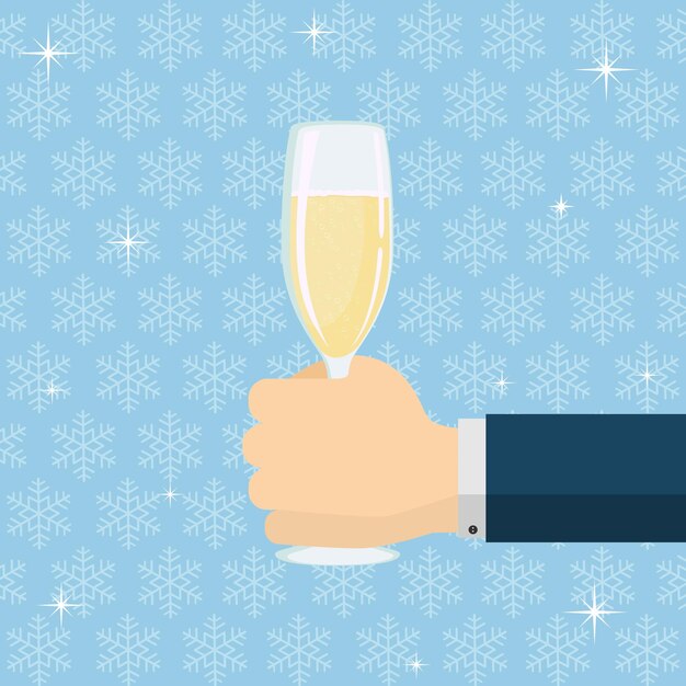 Vector new years background with champagne glass in hand and snowflakes, illustration.