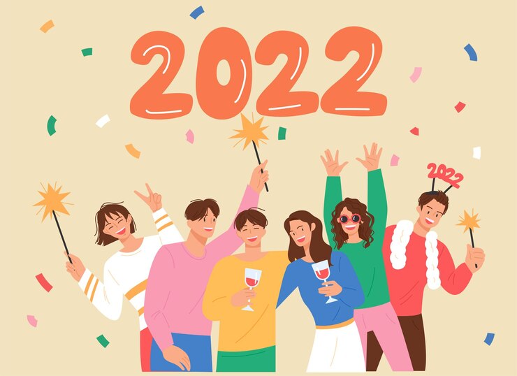 Vector 新年卡片許多人正在慶祝2022年平面設計風格向量插圖