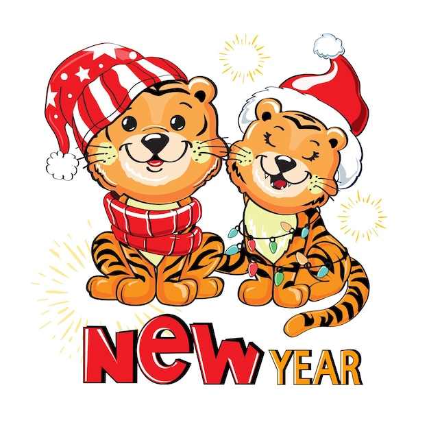 New Years cartoon tigers and new year lettering Vector illustration isolated