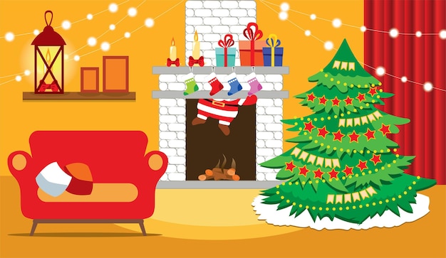 Vector new years christmas cozy room with a christmas tree where santa claus climbs out of the chimney