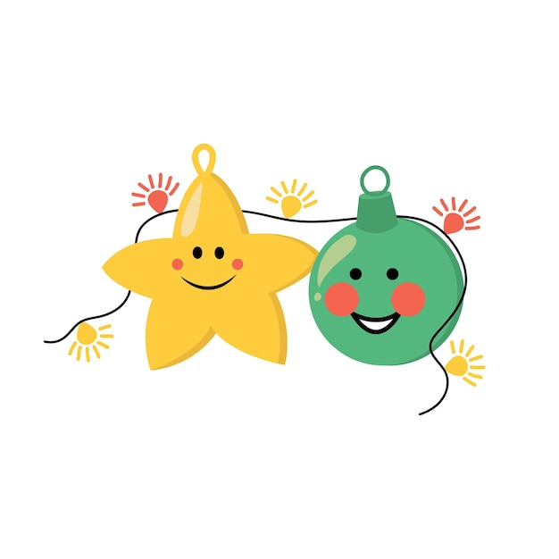 New years and Christmas star and ball Cartoon illustration