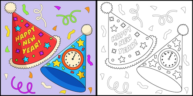 New years eve party hat coloring page illustration