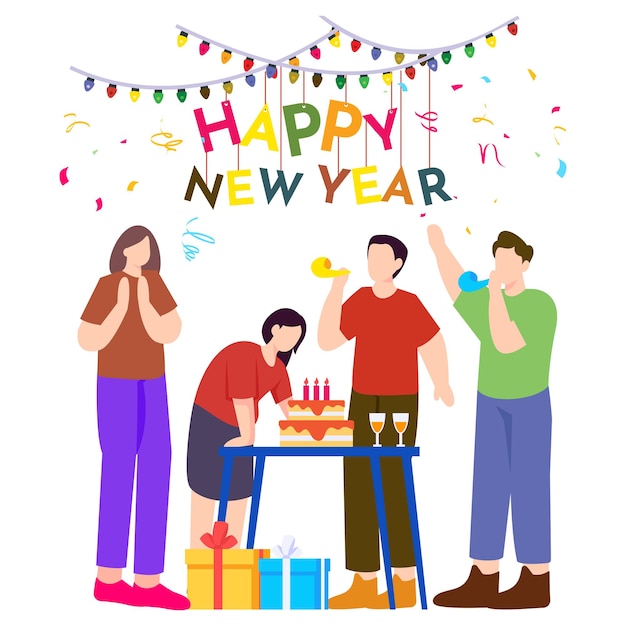 Vector new years eve party with young people in casual outfits concept happy family during the christmas