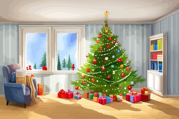 New years festive interior watercolor house room festive christmas interior with garlands and