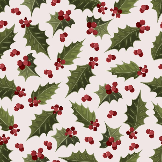 Vector new years seamless pattern with holly leaves and berries christmas design