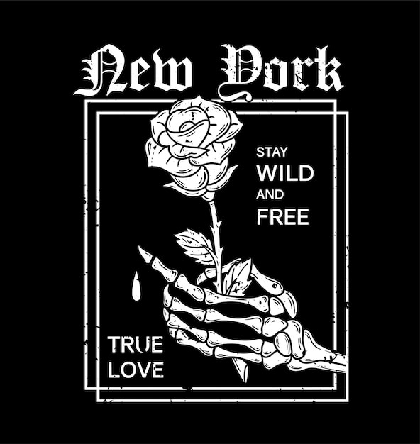 New york костяная рука с розами модная вышивка футболка с принтом футболка текстильная рамка винтажный стиль рок для уличной повседневной одежды печать с фразами моды графический дизайн иллюстрация старой школы