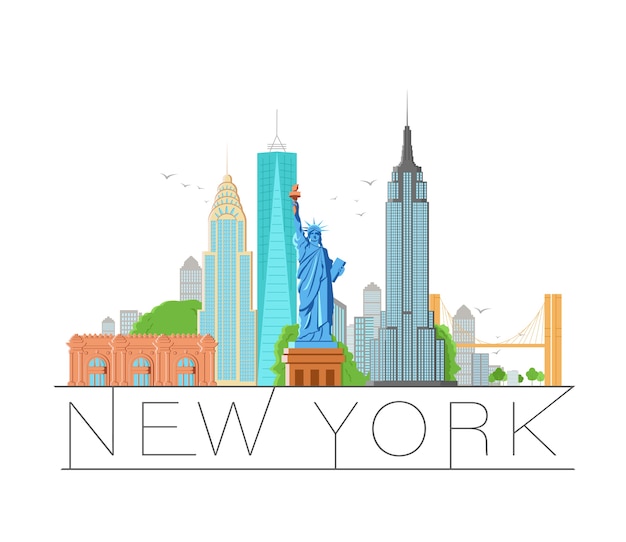 Архитектура города Нью-Йорка ретро иллюстрация, силуэт города горизонта, небоскреб, плоский дизайн