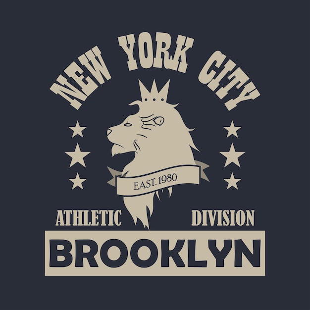 New york city, brooklyn typografie print met leeuw. ontwerp kleding, sportkleding, t-shirt. vector illustratie.