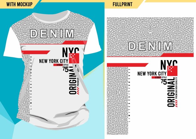 New york city denim typography with tshirt mockup and print ready full print premium vector