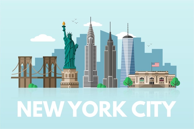 New york city illustratie verenigde staten moderne metropool geïsoleerde clipart op witte achtergrond amerikaanse wereldberoemde bezienswaardigheden en toeristische attracties cartoon design elementen