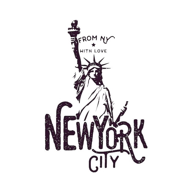 New york city kledingontwerp met vrijheidsbeeld, print voor t-shirt, zwart-wit stijl en grunge effect