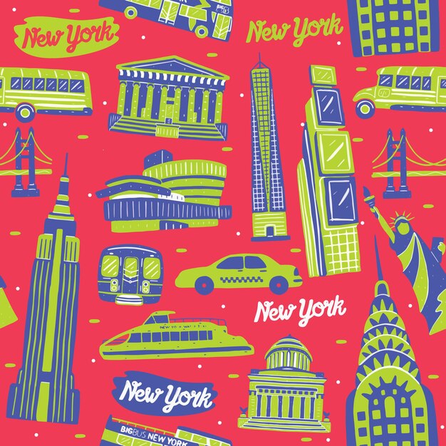 Vector new york city seamless pattern with landmarks elements
