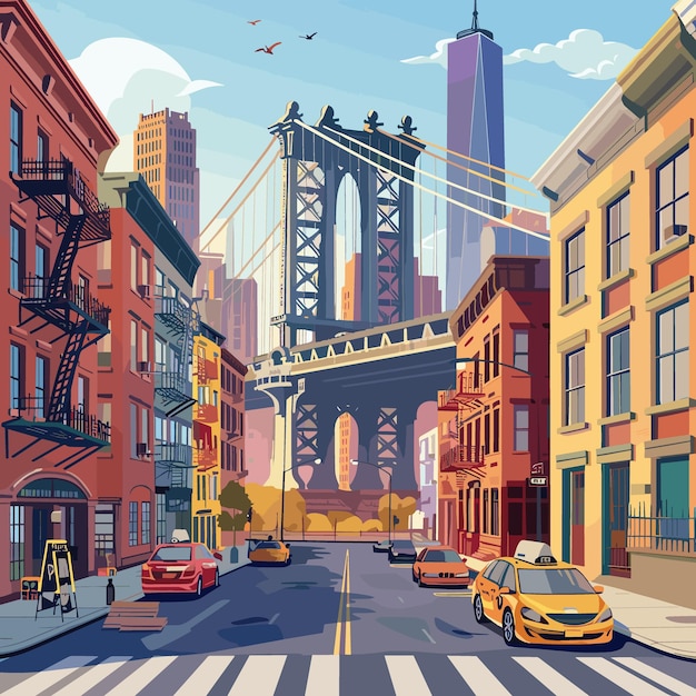New York City straat met Brooklyn Bridge en wolkenkrabbers Vector illustratie