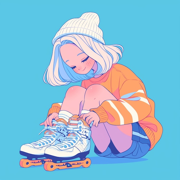 A New York girl laces up her skates in cartoon style
