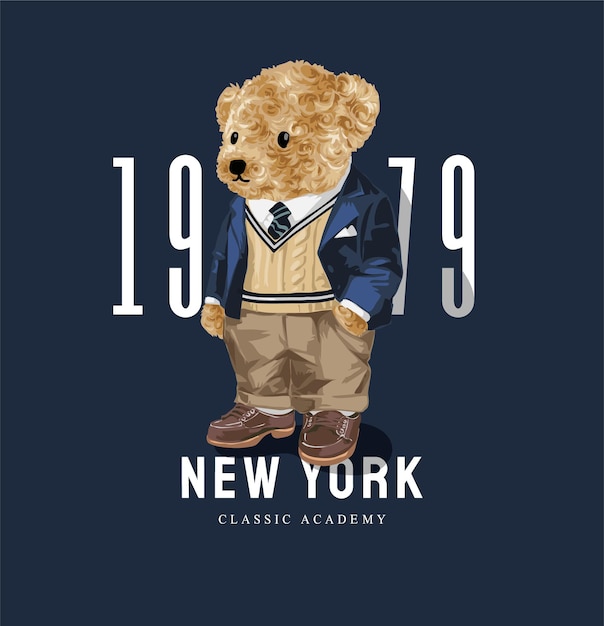 セーターとブレザーのイラストでかわいいクマの人形とニューヨークのスローガン