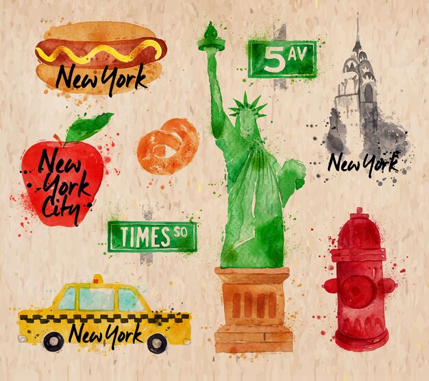 Vector new york symbols watercolor