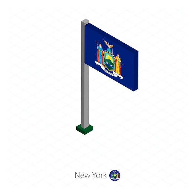 New york us state flag on flagpole in isometric dimension isometric blue background vector illustration