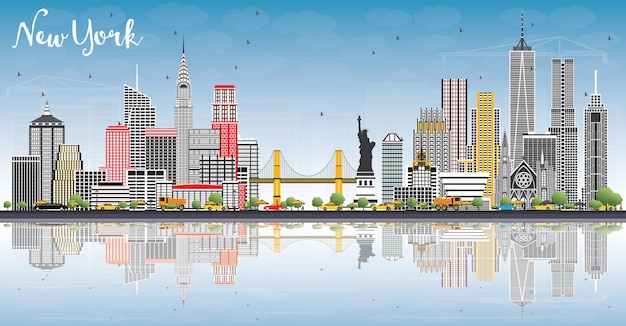 Orizzonte della città di new york usa con edifici grigi, cielo blu e riflessi. illustrazione di vettore. viaggi d'affari e concetto di turismo con architettura moderna. paesaggio urbano di new york con punti di riferimento.