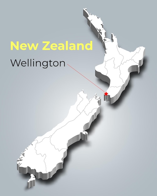 3D-карта Новой Зеландии с границами регионов и ее столицей